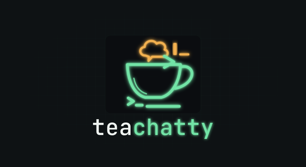 teachatty logo: a neon green cup with a terminal prompt and an amber speech bubble